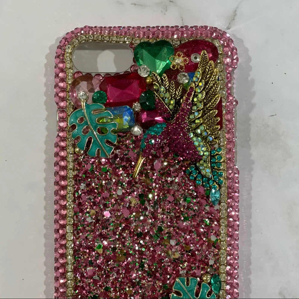 iPhone 7/8 case Pink crystals glitter tropical with hummingbird greenery - Picture 2 of 5